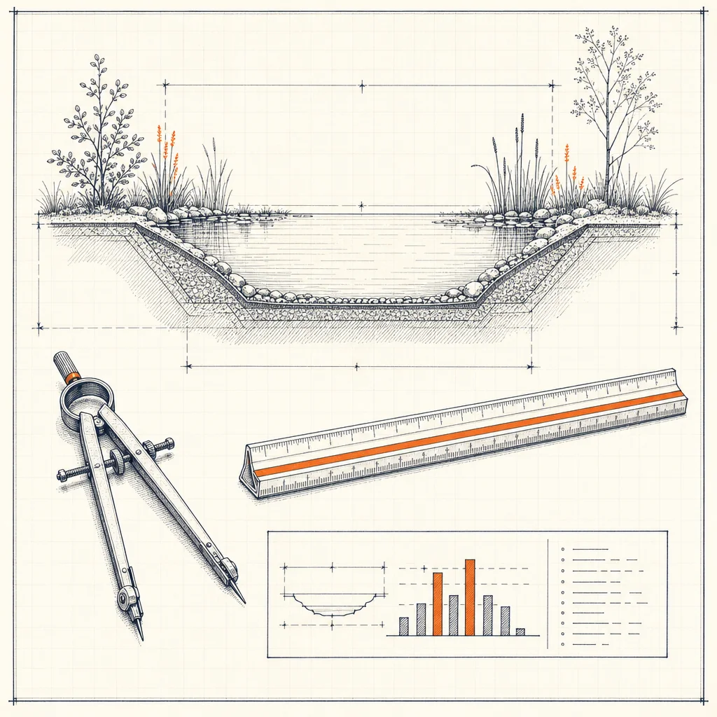 Drafting tools over a pond cross-section plate