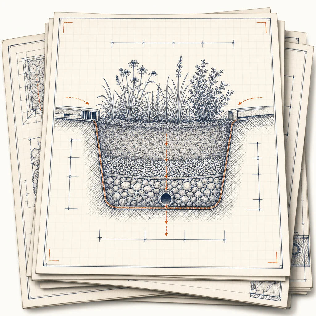 Stack of technical practice sheets with a bioretention cross-section