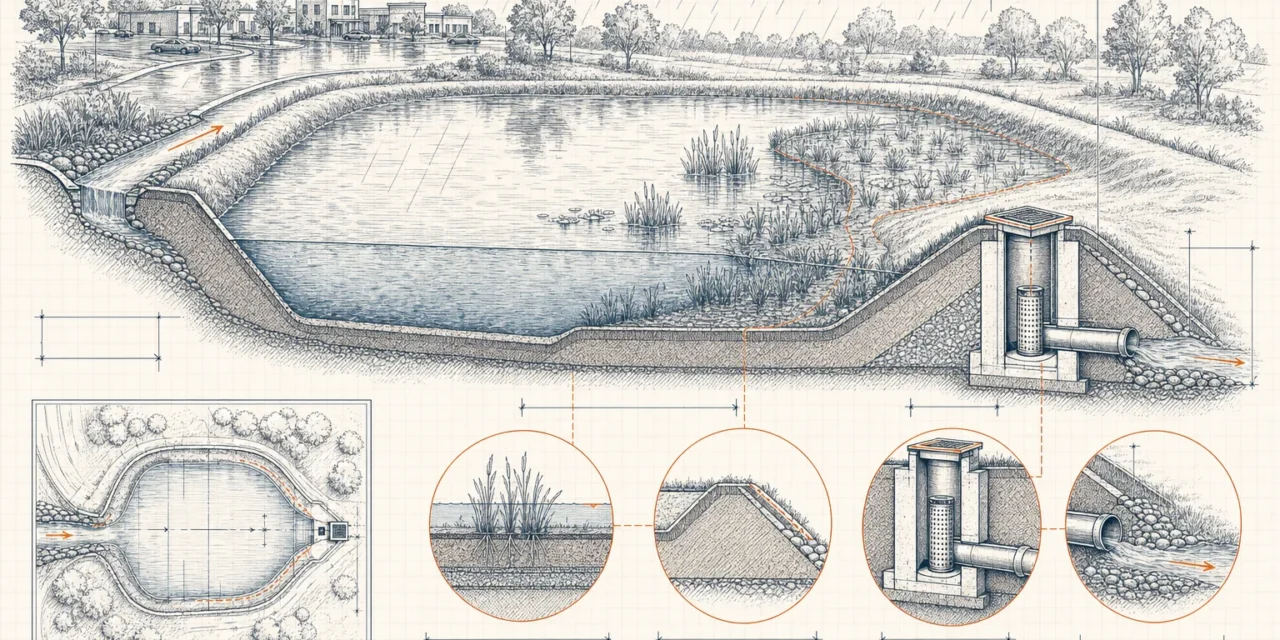 Engineered stormwater pond cross-section, drafted as a technical plate